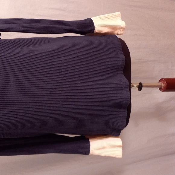 J Crew L Top Blue Tan Ribbed Ruffle Sleeves - Picture 3 of 11